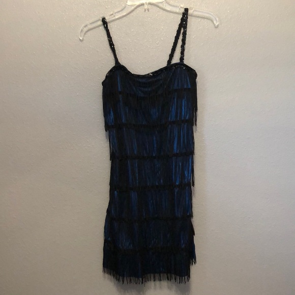 20s Flapper dress One size Fits most shimmery blue with black fringe sequin EUC - Picture 1 of 9